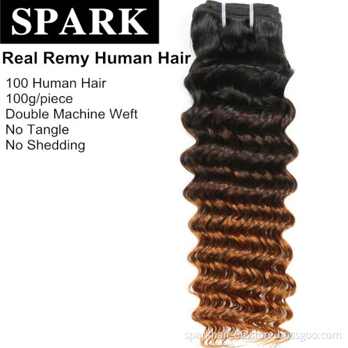 9a 100g SPARK Ombre Brazilian Remy Human Hair Weaving Bundle for Women Weave Hair Extension Black Brown Deep Curly Wave 1b/4/30